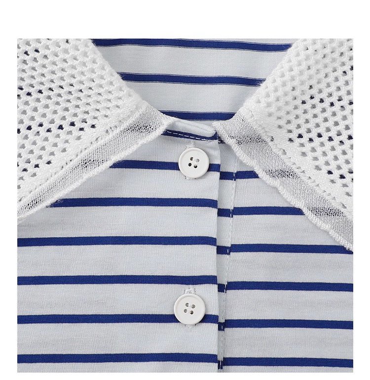 拼接翻領藍條紋長袖T恤女秋季新款寬鬆純棉上衣