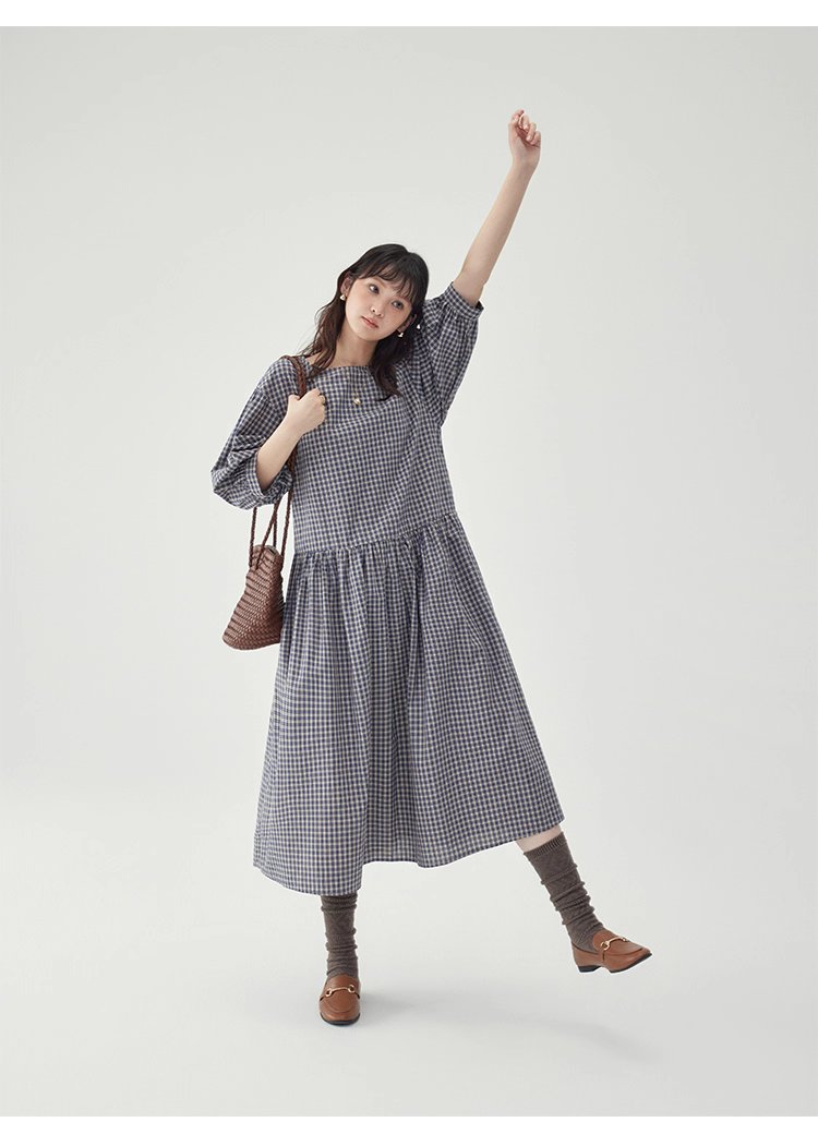 日系格紋燈籠袖洋裝女秋季新款寬鬆純棉a字裙