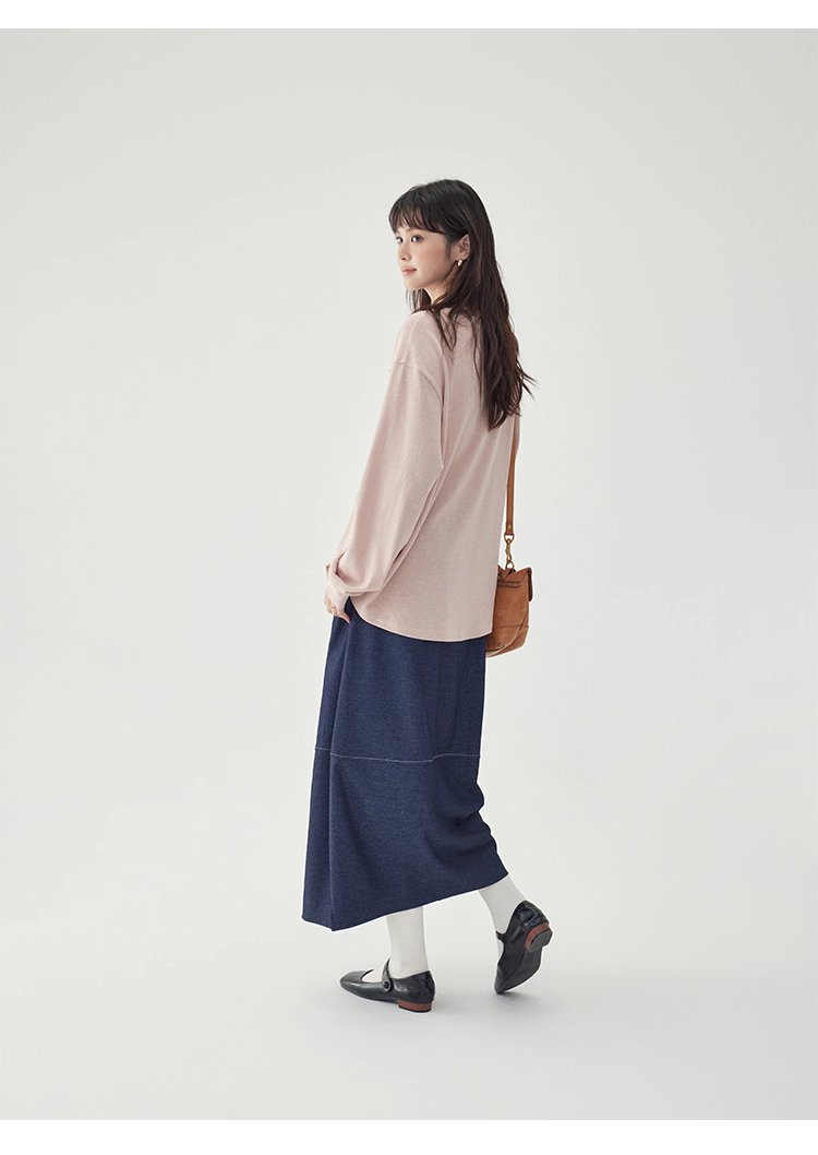 減齡印花落肩長袖粉紅T恤女秋新款寬鬆百搭上衣