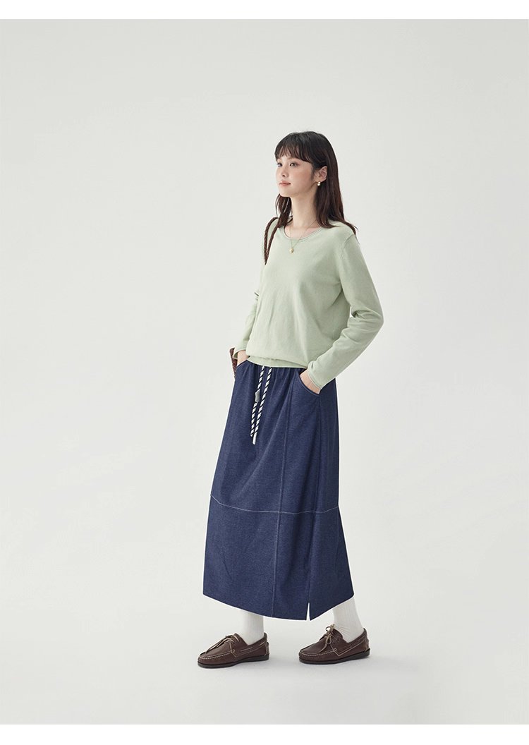 藍色鬆緊腰a字半身裙女秋季新款百搭抽繩中長裙