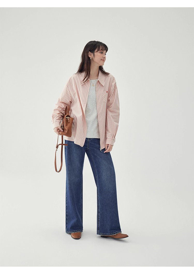 粉紅色圖案雙拉鍊長袖襯衫女秋季新款純棉外套上衣