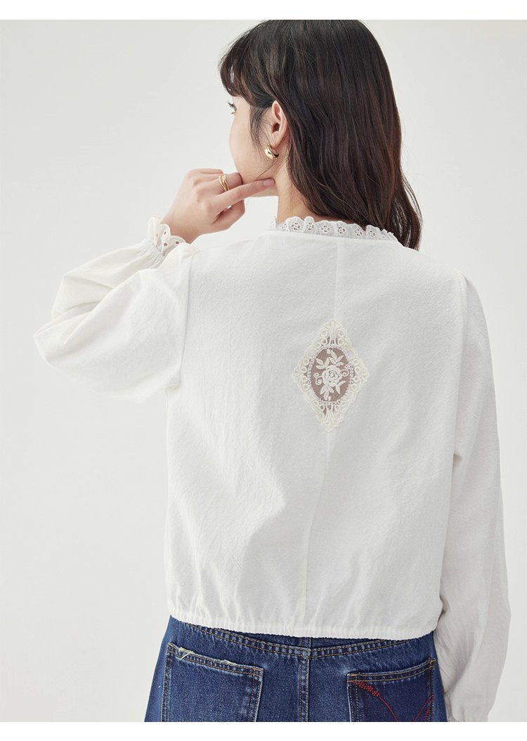 花邊長袖後貼花片白襯衫女秋季新款甜美純棉上衣