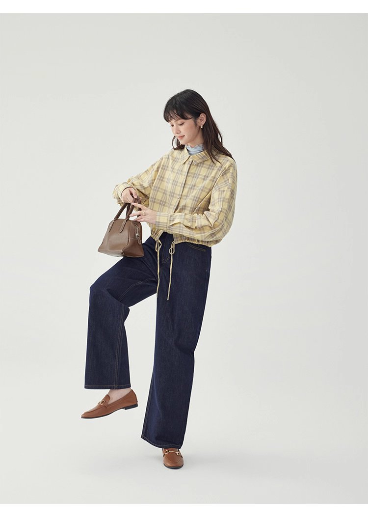 黃格單排扣抽繩下擺襯衫女秋季新款純棉長袖上衣