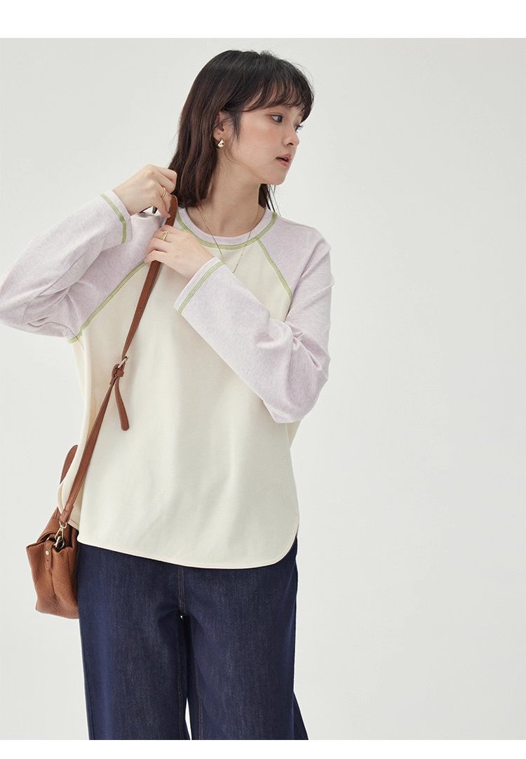 撞色插肩長袖側開叉T恤女秋季新款減齡刺繡上衣