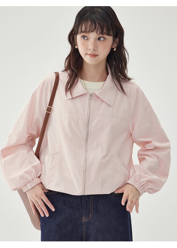 少女感粉紅拉鍊長袖外套女秋季新款翻領短版上衣