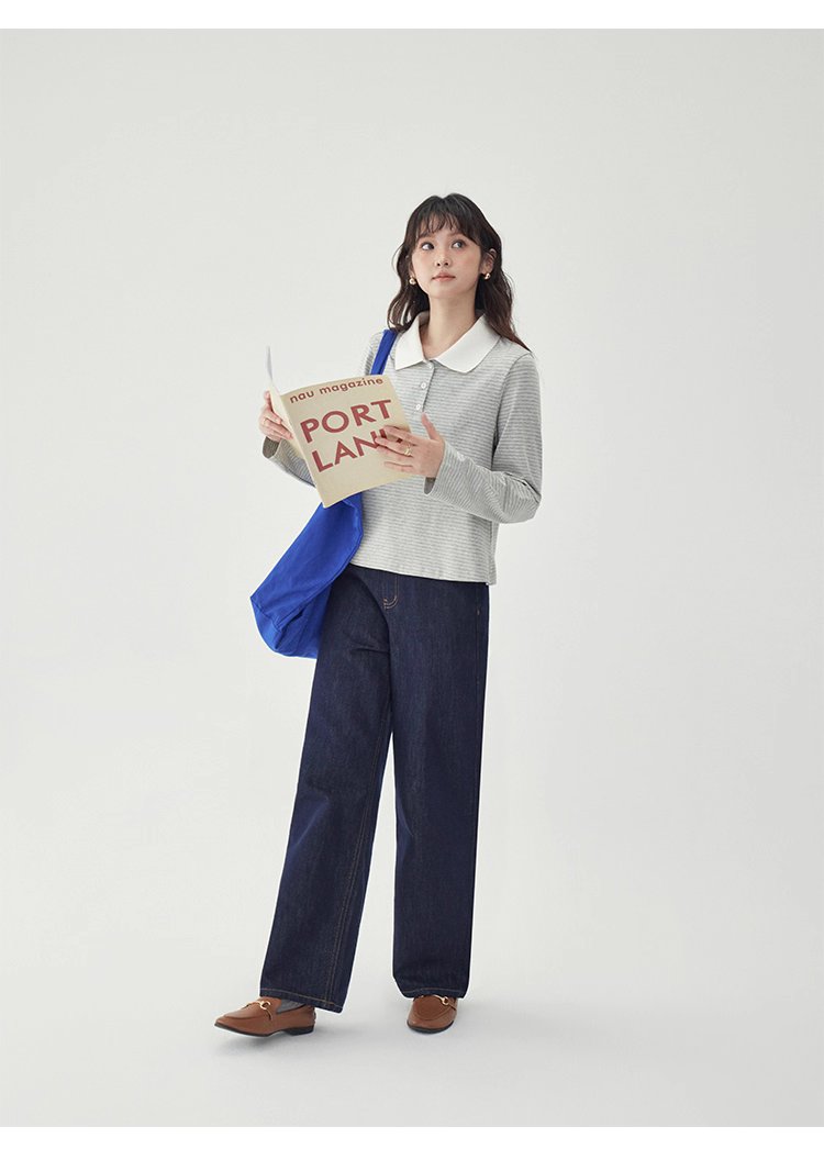 灰色條紋polo半開領t卹女秋季新款寬鬆長袖上衣