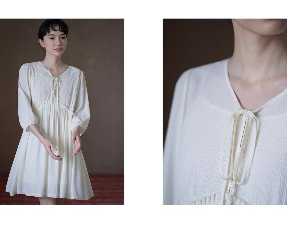 秋來雲雀飄逸洋裝顯瘦V領帶高腰拼接法式浪漫裙女