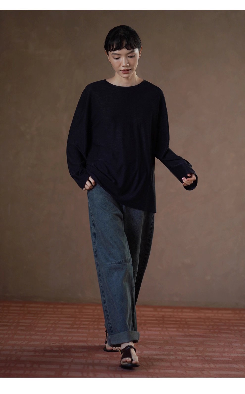 高品質桑蠶絲棉亞麻混紡竹節麻肌理感寬鬆顯瘦長袖T恤女