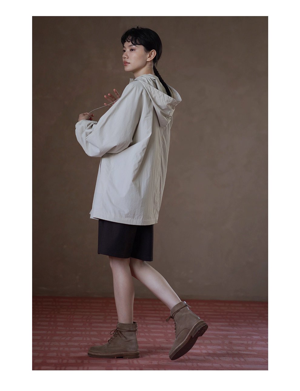 輕盈挺括山系少女外套寬鬆顯瘦連帽中長款輕戶外風衣女
