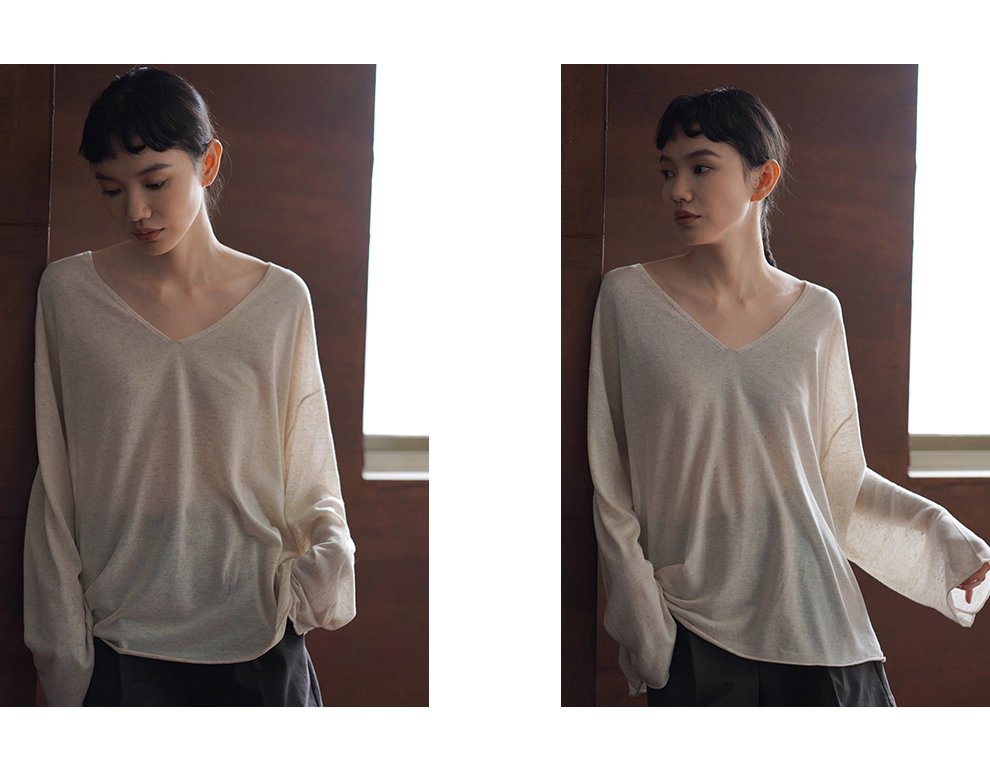紙片人V領慵懶罩衫清爽天絲亞麻紗線寬鬆顯瘦長袖上衣女