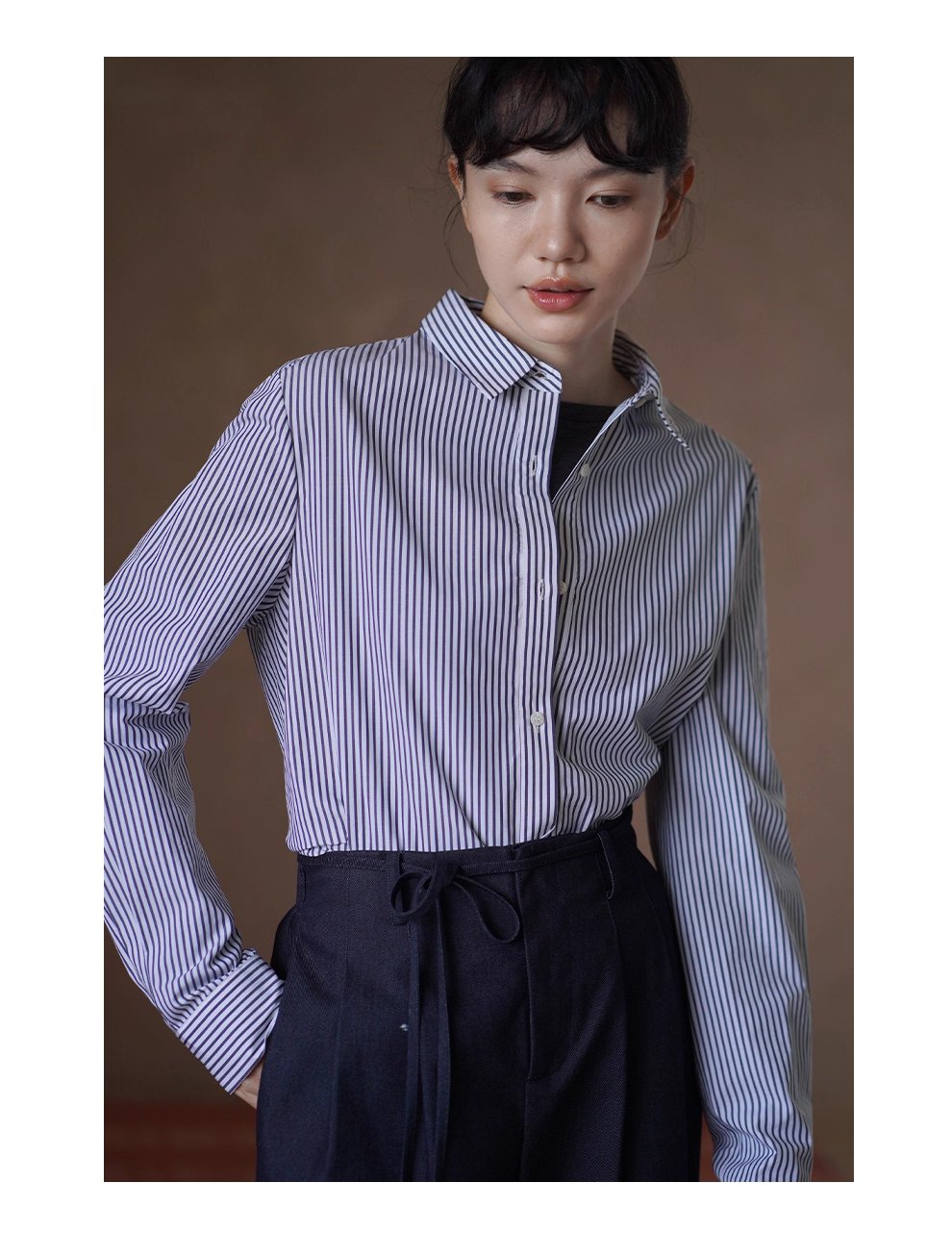 高品質100棉色織條紋法國經典寬鬆通勤可拆式蝴蝶結襯衫