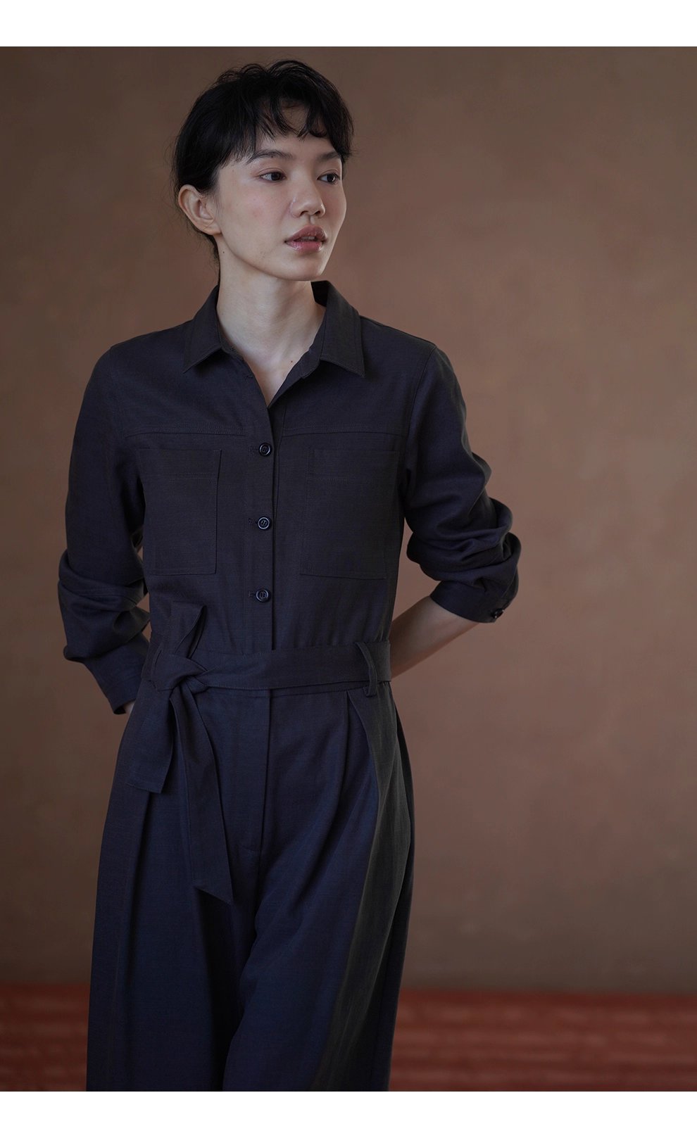 酷颯都市工裝寬鬆襯衫領闊腿顯瘦萊賽爾棉通勤連身褲