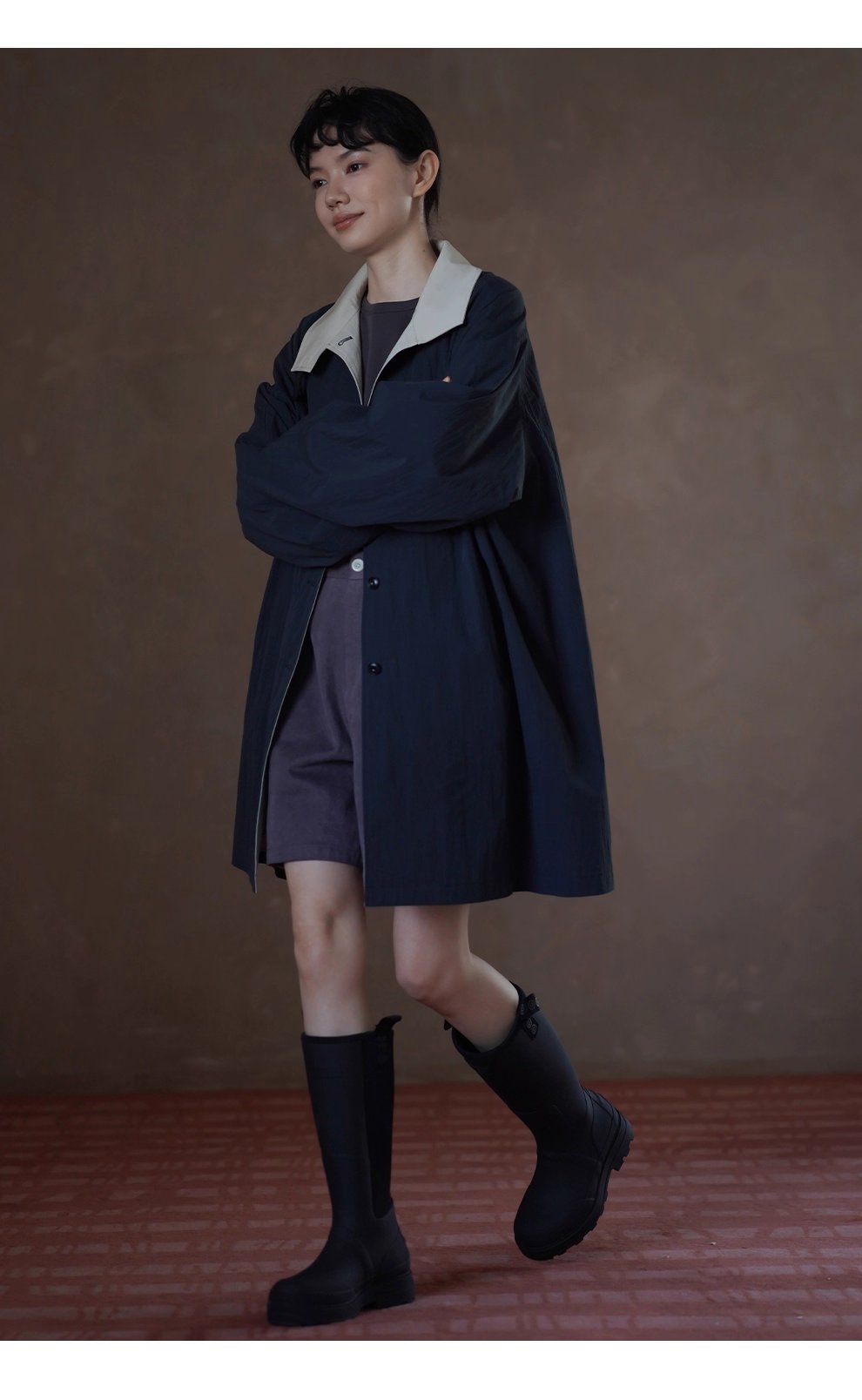 細節滿滿原創外套撞色拼接立領皮袢中長款寬鬆顯瘦風衣