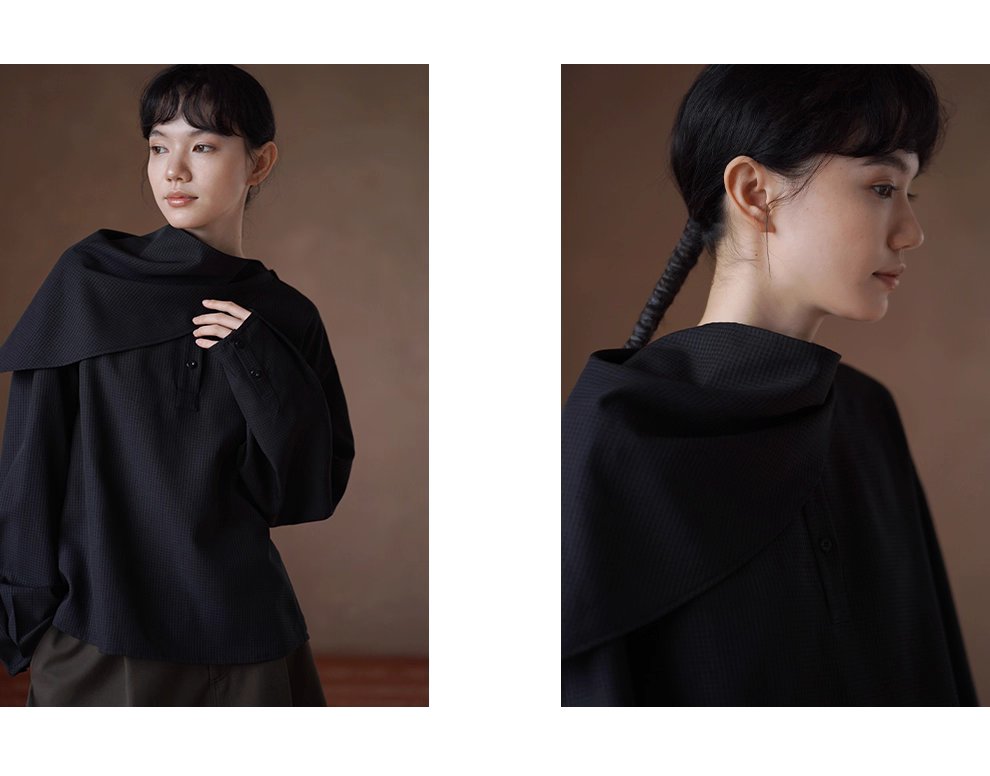 通勤造型低調小格紋寬鬆垂順顯瘦可拆式領巾長袖襯衫女