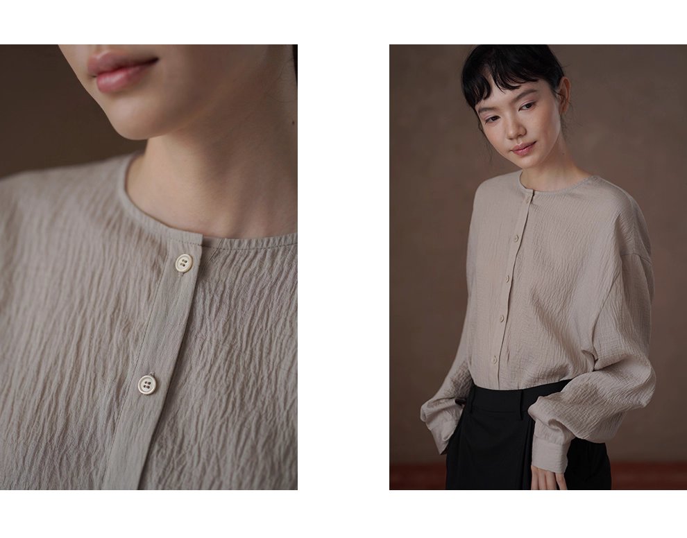 白櫻裊裊微亮光澤肌理感寬鬆顯瘦圓領通勤簡約長袖襯衫
