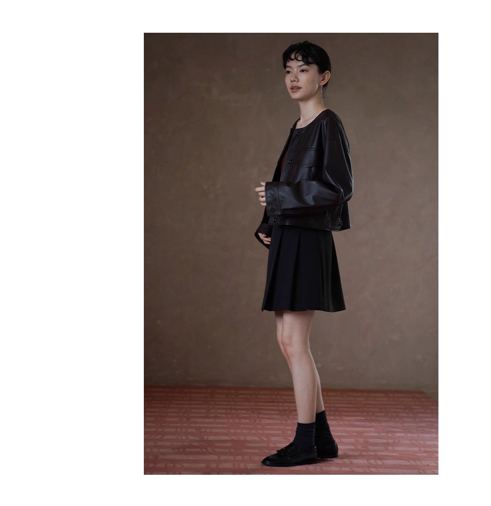 復古回潮細膩軟糯圓領廓形寬鬆顯瘦短款小個子皮衣夾克