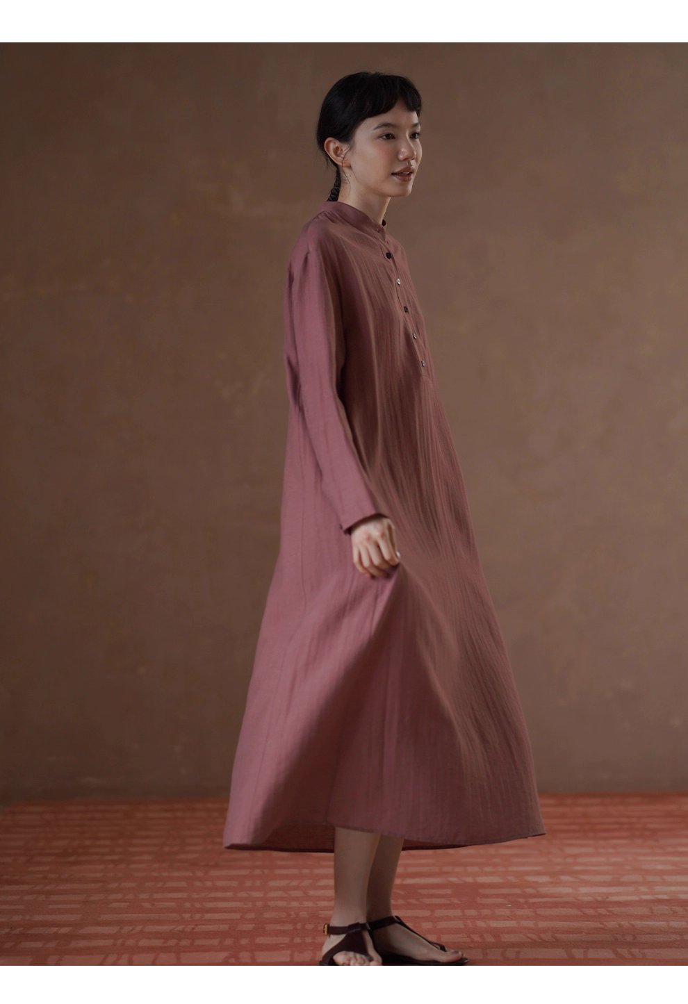 清雅芍藥顯白亞麻混紡透氣挺括顯瘦寬鬆立領襯衫洋裝