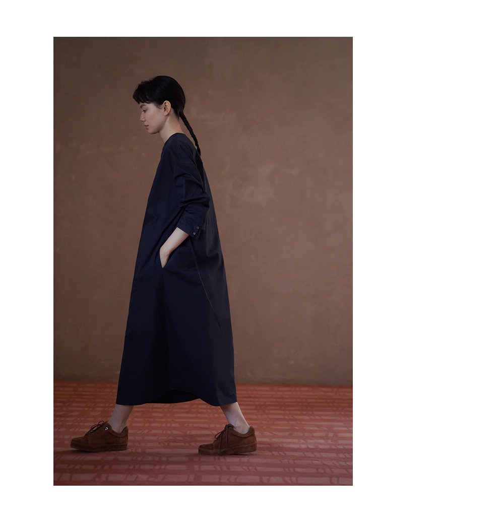 不對稱美學斜門襟洋裝挺括100%棉長遮肉顯瘦裙女