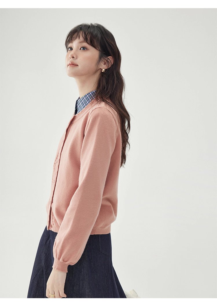 韓系提花圓領長袖針織衫女秋新款單排扣外套上衣