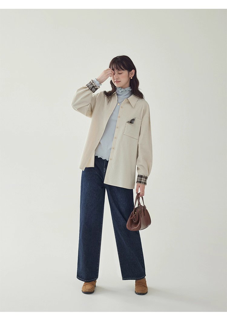 撞色格紋燈芯絨長袖襯衫女秋季新款翻領外套上衣