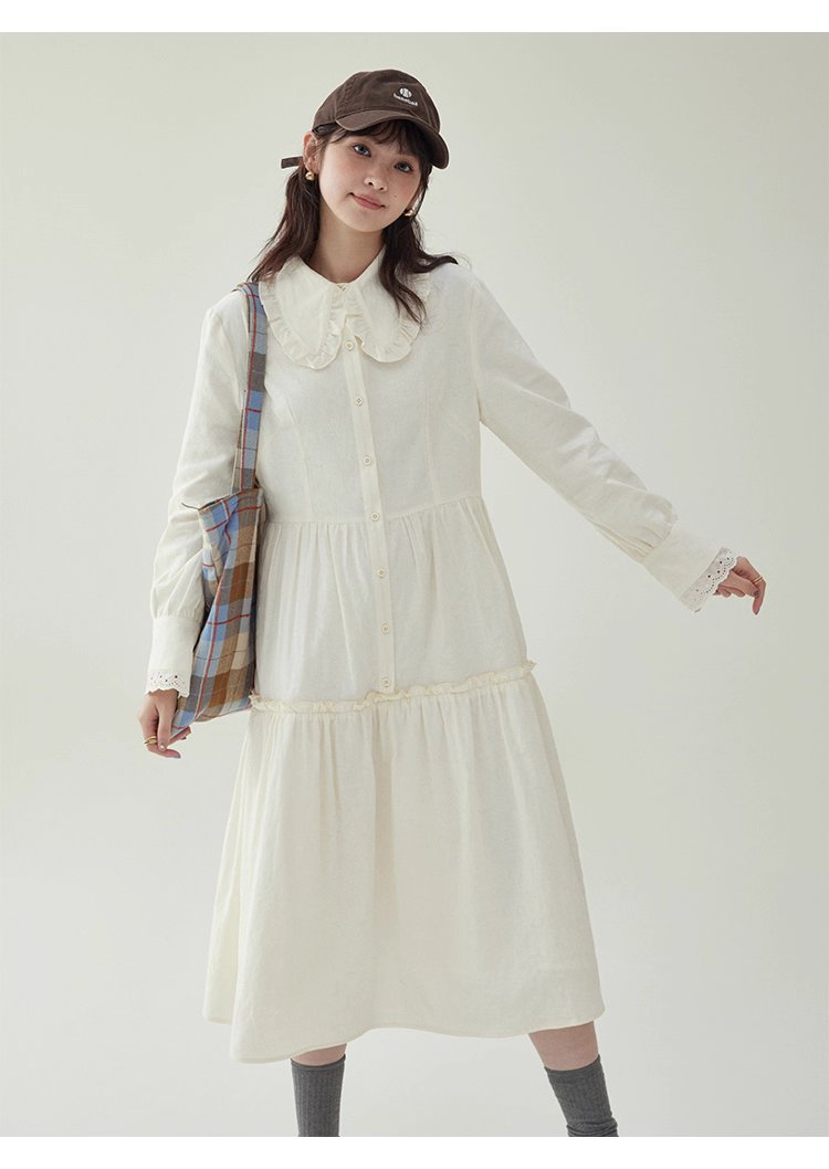 減齡純色花邊翻領洋裝女秋季新款中長娃娃裙