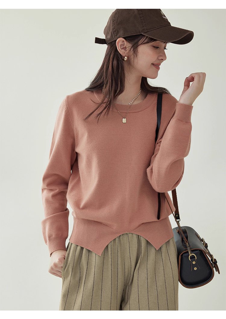簡約純色下擺開叉針織衫女秋季新款圓領長袖上衣