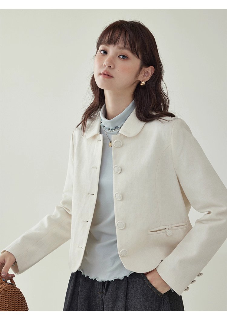 小香風純色單排扣短外套女秋新款波浪擺長袖上衣