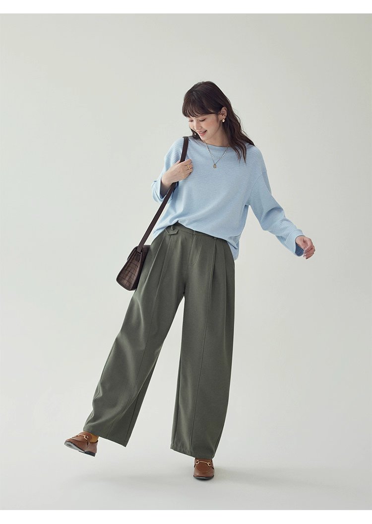 韓系藍線圓領長袖T恤女秋季新款簡約寬鬆上衣