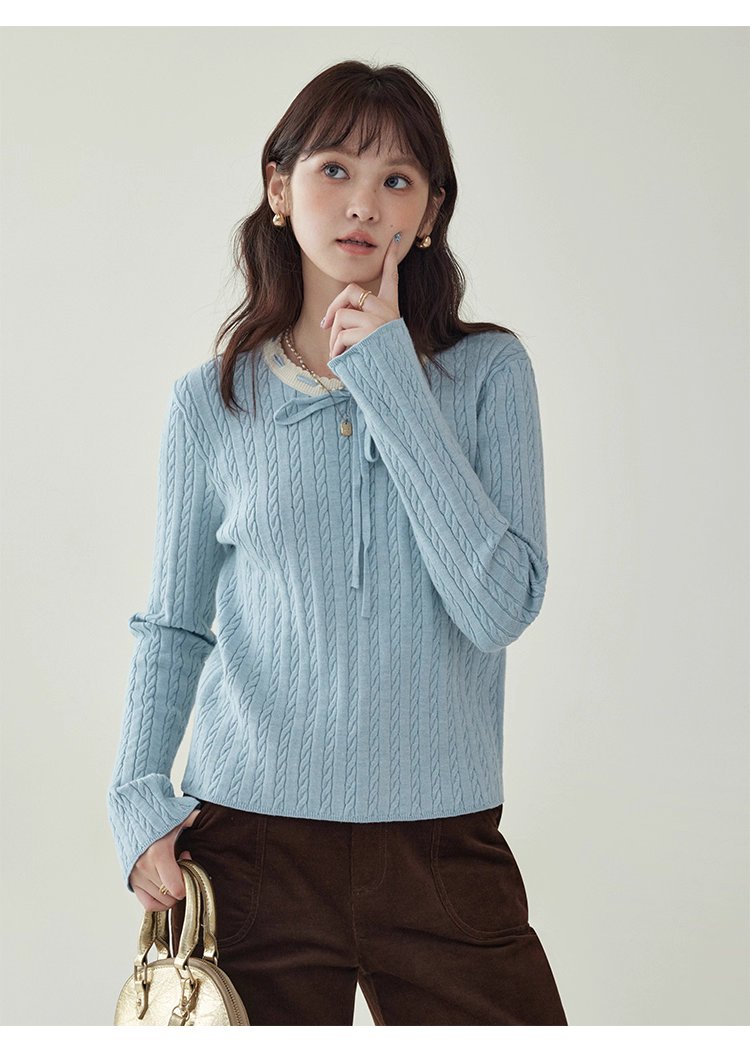 藍色綁帶圓領扭花針織衫女秋季新款百搭長袖上衣