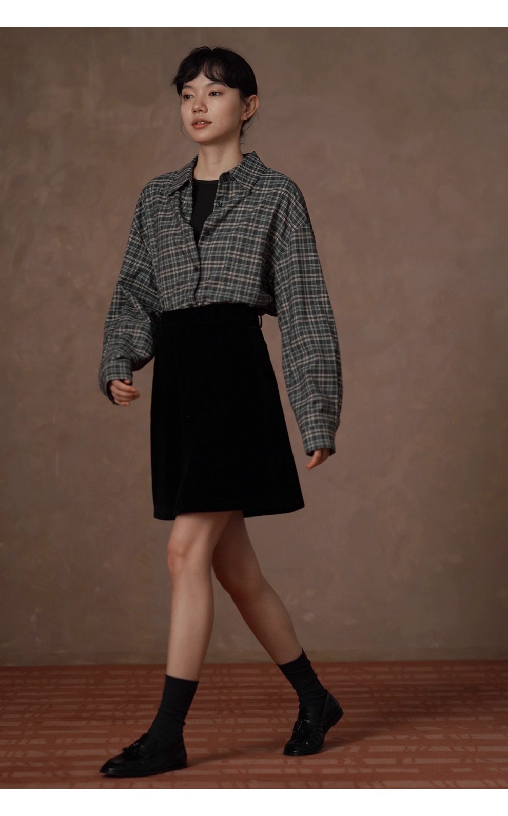 馬德拉斯復古格紋襯衫落肩寬鬆英倫疊穿學院翻領上衣女