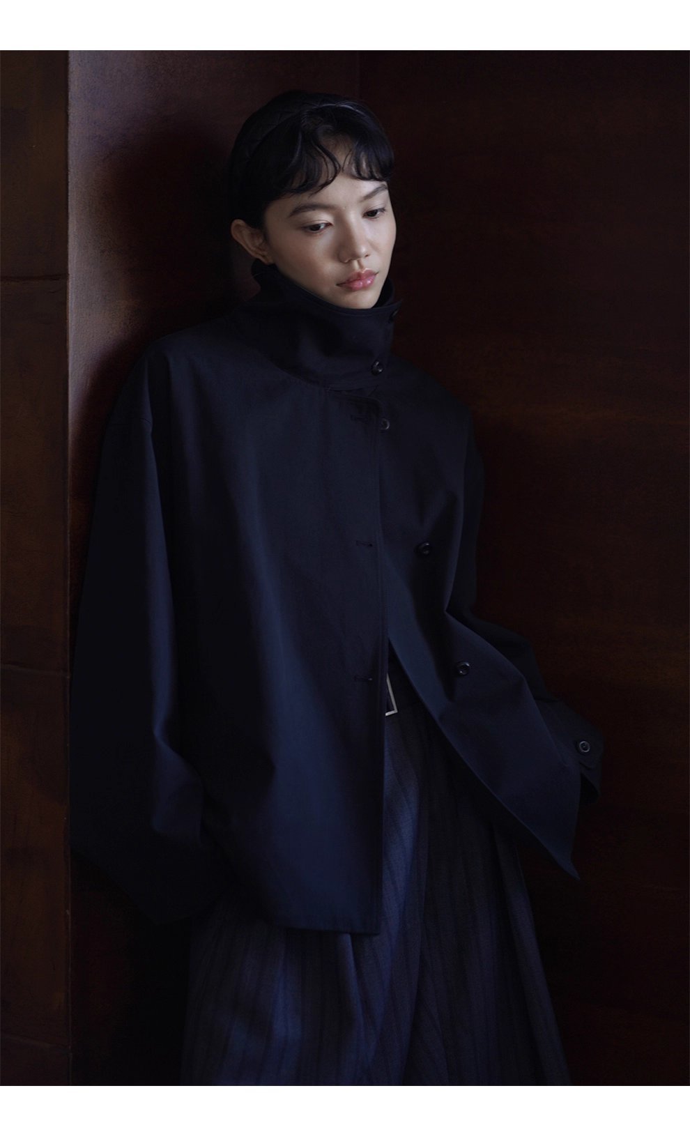 100棉細斜紋挺括水洗廓形立領寬鬆一手長顯瘦風衣外套女