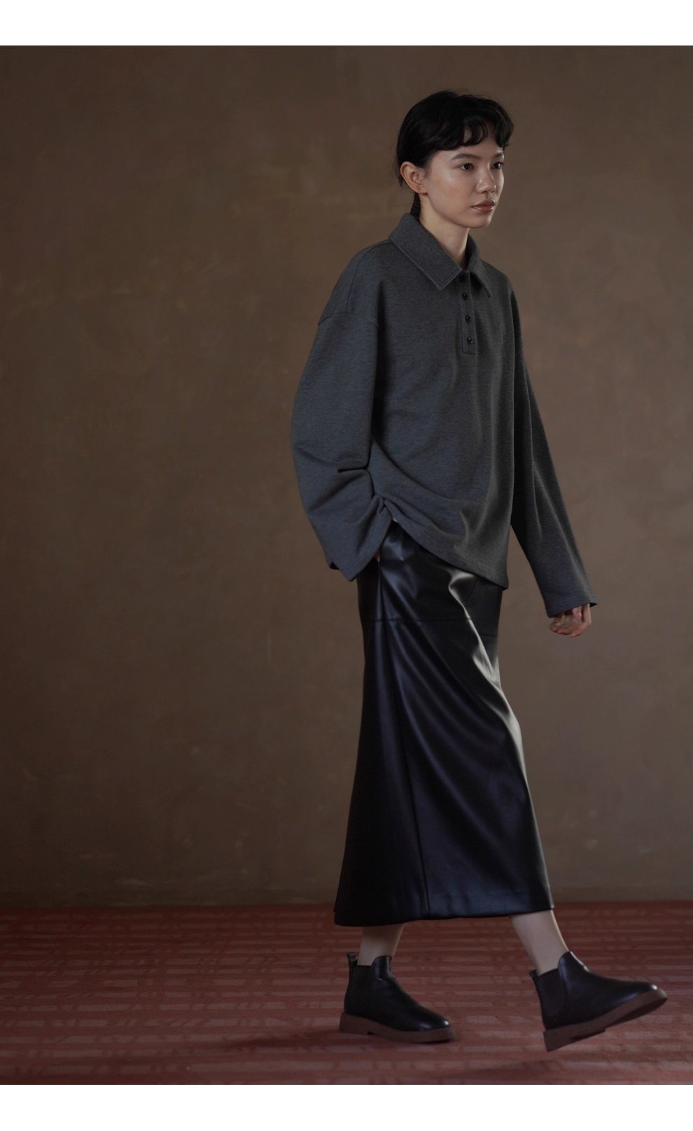 復古經典休閒碰撞Polo領寬鬆顯瘦100棉做舊花灰落肩衛衣