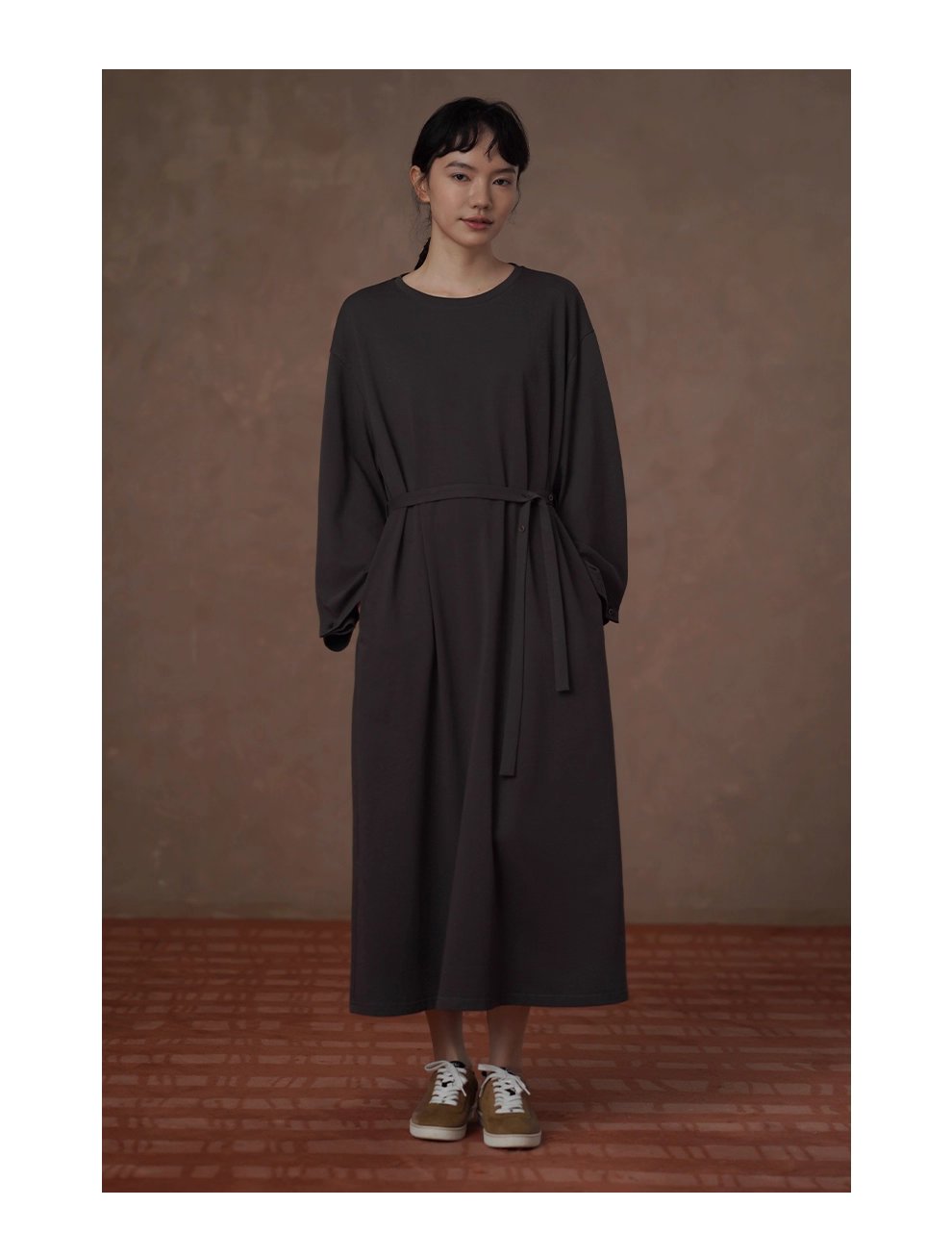 綿柔禪意100棉寬鬆直筒圓領可調式腰帶顯瘦藏肉通勤裙子