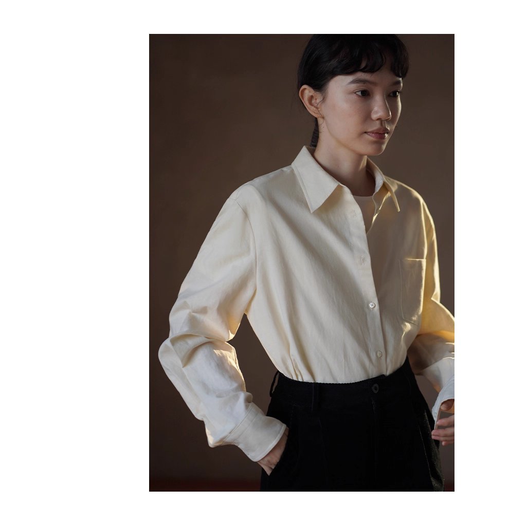 清香檸檬舒適棉麻混紡長袖疊穿寬鬆襯衫顯瘦通勤上衣女