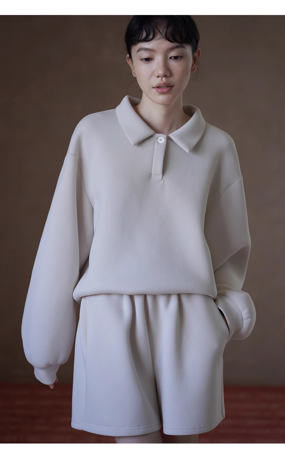 綿軟暖糯衛衣套裝寬鬆落肩Polo領顯瘦上衣鬆緊高腰短褲