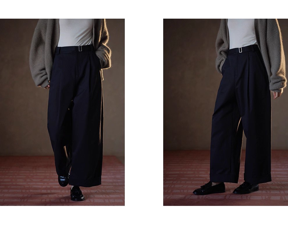 無可挑剔挺括棉感可調式腰帶直筒寬鬆闊腿顯瘦高腰長褲