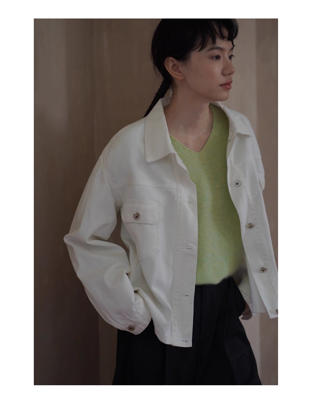 復古工裝立體口袋水洗100棉柔軟斜紋牛仔寬鬆翻領外套女