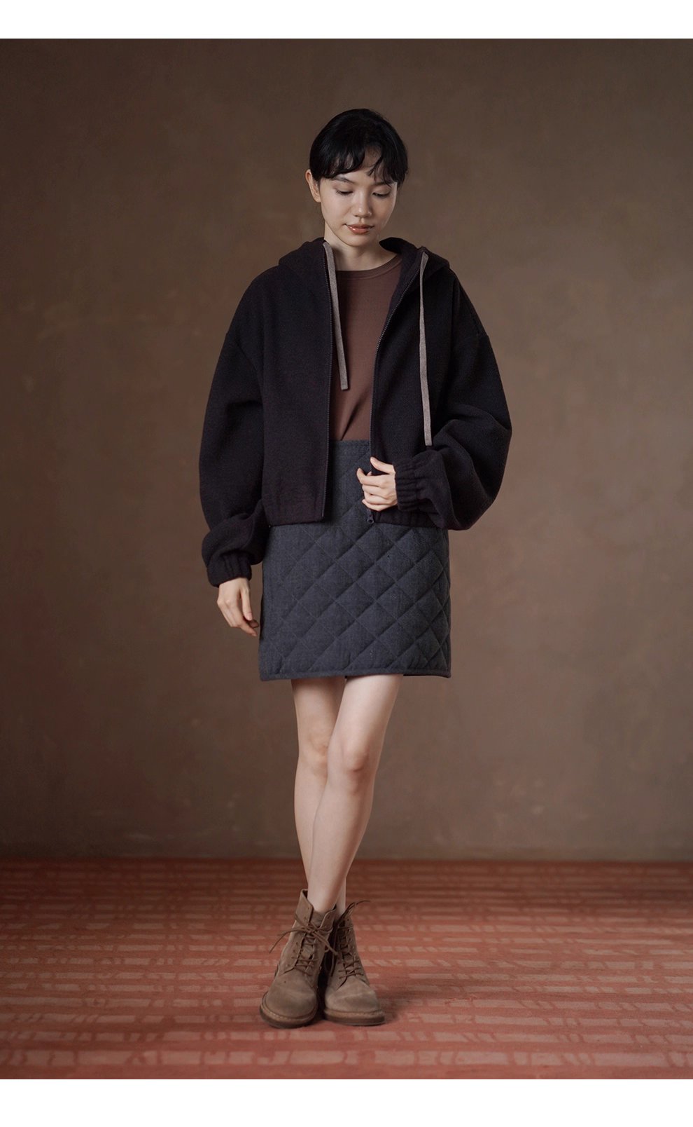 榛果咖濃鬱質感加厚綿羊毛混紡寬鬆短連帽衛衣外套女