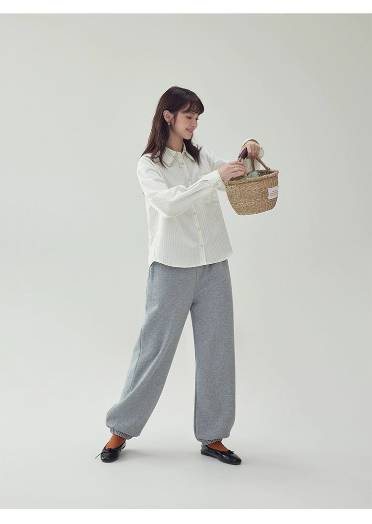 反線條單排扣長袖襯衫女秋季新款polo領寬鬆上衣