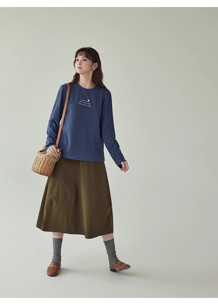 日系刺繡圓領雙面絨長袖T恤女秋季新款百搭上衣