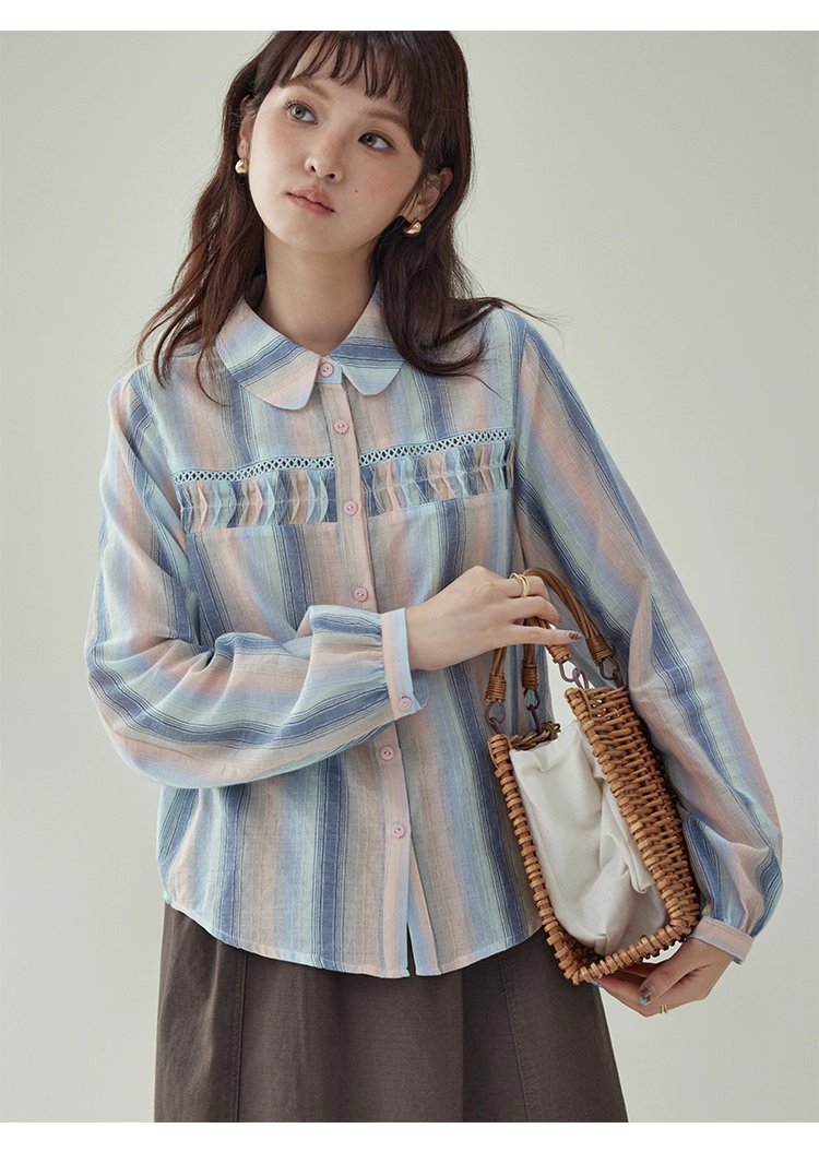 少女感鏤空拼接條紋襯衫女秋季新款純棉長袖上衣