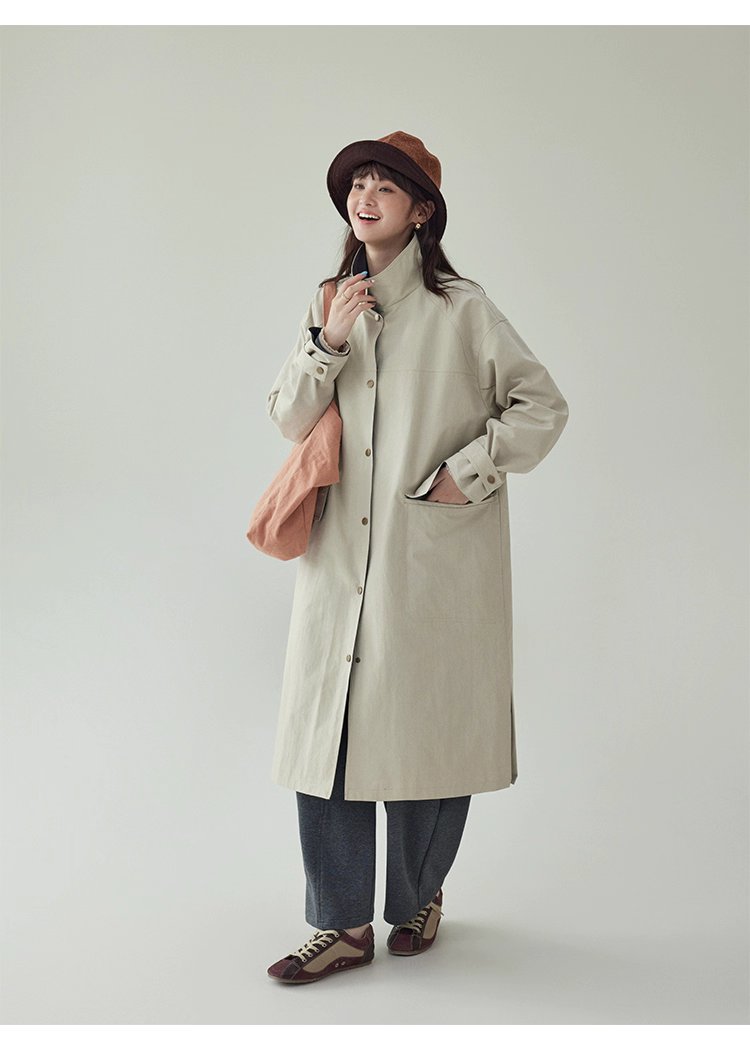 日系純色立領長風衣外套女秋新款寬鬆長袖上衣