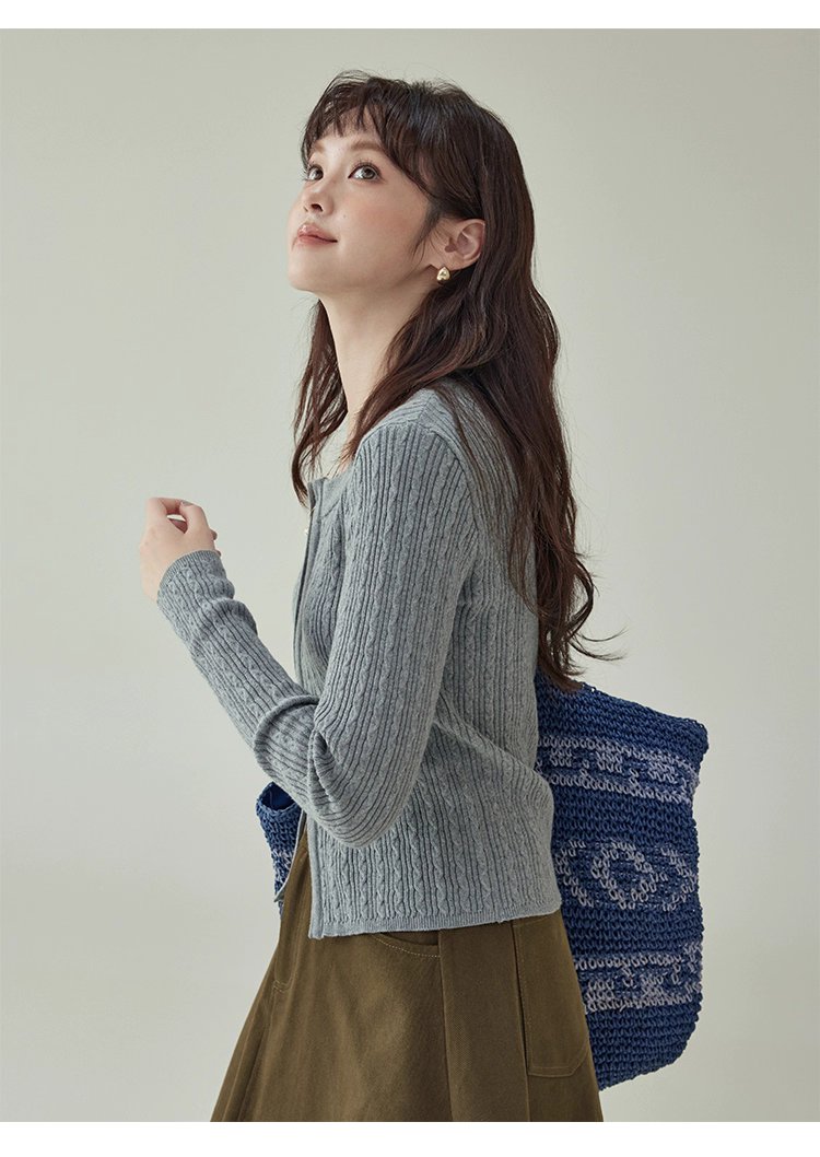 純色麻花雙頭拉鍊針織衫女秋季新款修身純棉上衣