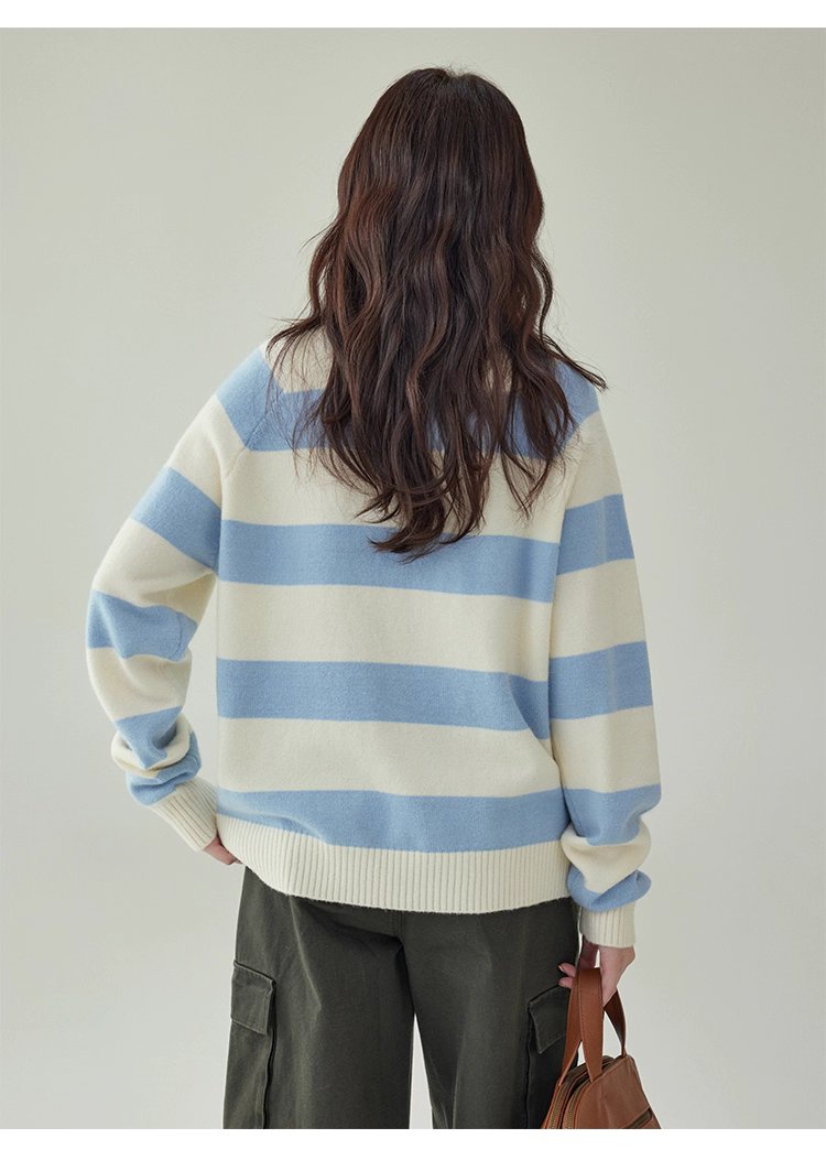 韓國拼色條紋插肩袖毛衣女秋款新款休閒寬鬆上衣