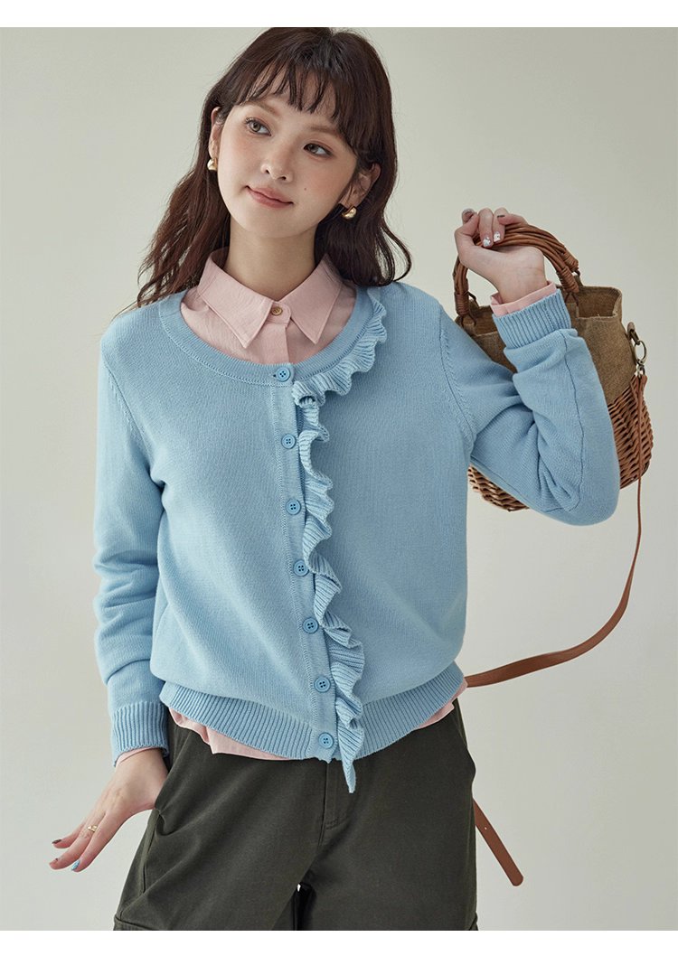 設計感木耳邊連結針織衫女秋季新款純棉長袖上衣,設計感木耳邊連結針織衫女秋季新款純棉長袖上衣,HBEW1096,設計感木耳邊連結針織衫女秋季新款純棉長袖上衣,圓領排扣,全棉面料