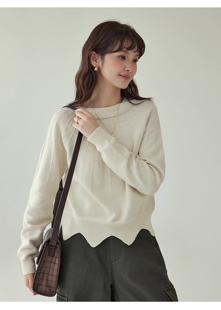 設計感波浪下擺純棉針織衫女秋冬季新款長袖上衣