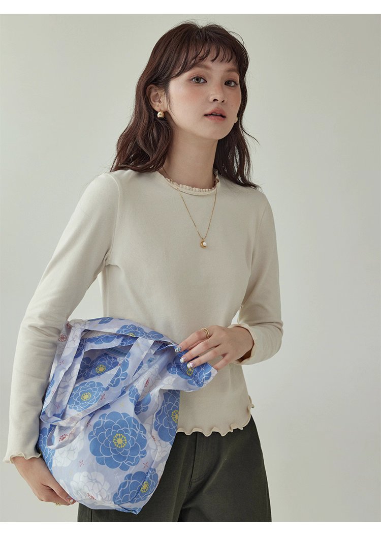 小眾花邊圓領長袖打底T恤女秋新款寬鬆純色上衣