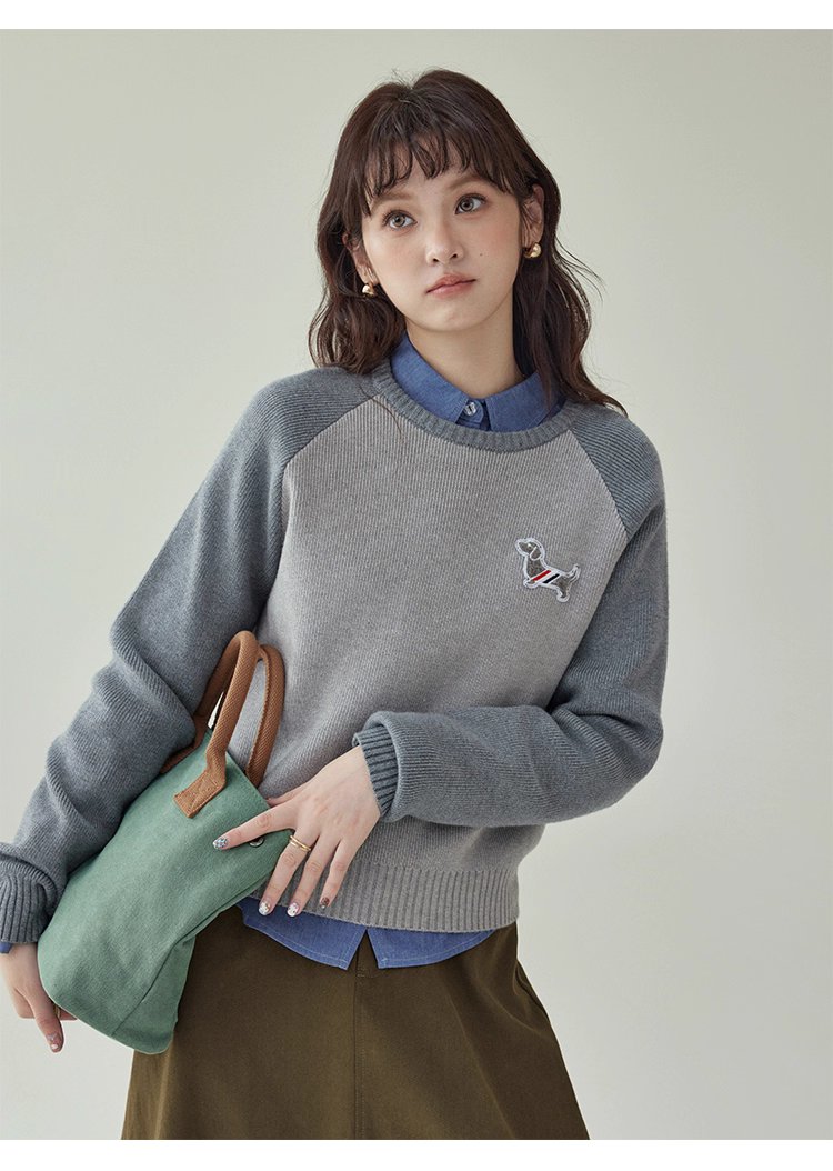 拼色插肩長袖短版針織衫女秋季新款小狗刺繡上衣