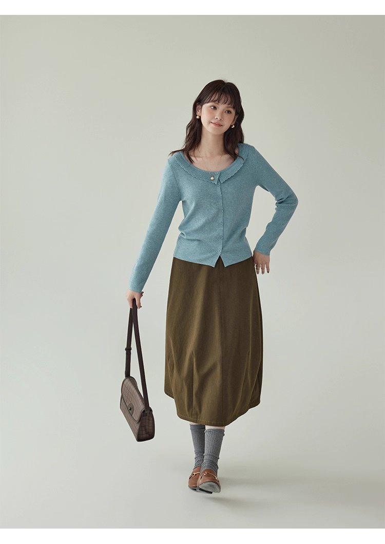 藍色圓領針織衫女秋季絕美短款修身長袖開襟衫上衣