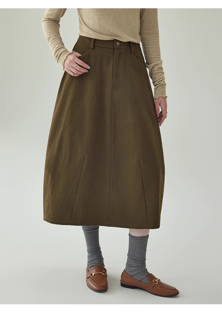 復古純色a字純棉半身裙女秋季新款後鬆緊花苞裙